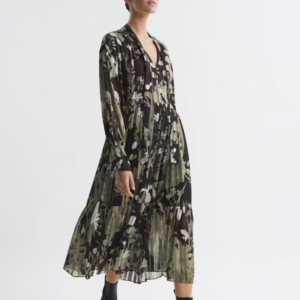 Reiss LOTTIE
FLORAL PRINT TIE NECK MIDI DRESS IN GR